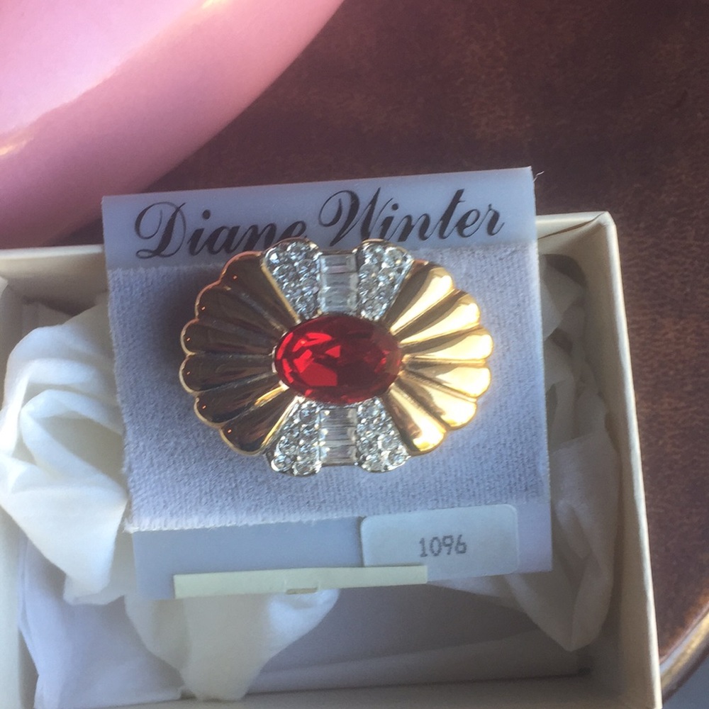 Diane Winter ruby, gold and Cz pin